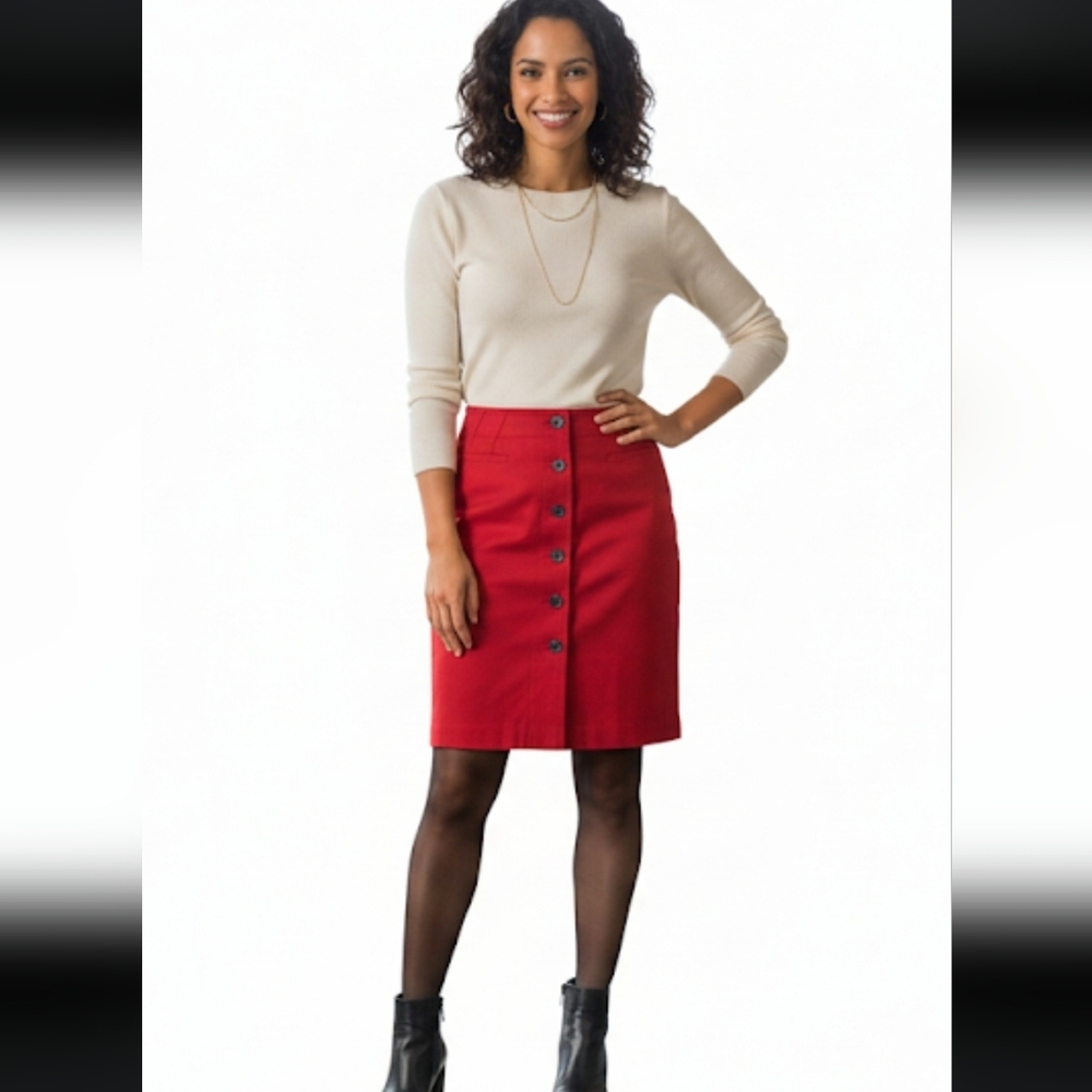 Ralph Lauren Red Stretch Twill Button Skirt Women’s 10 | Preppy Nautical Vintage